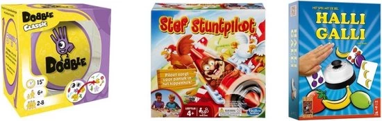 Hasbro Spellenbundel - 3 Stuks - Dobble Classic & Halli Galli & Stef Stuntpiloot 1 Hasbro Spellenbundel - 3 Stuks - Dobble Classic & Halli Galli & Stef Stuntpiloot